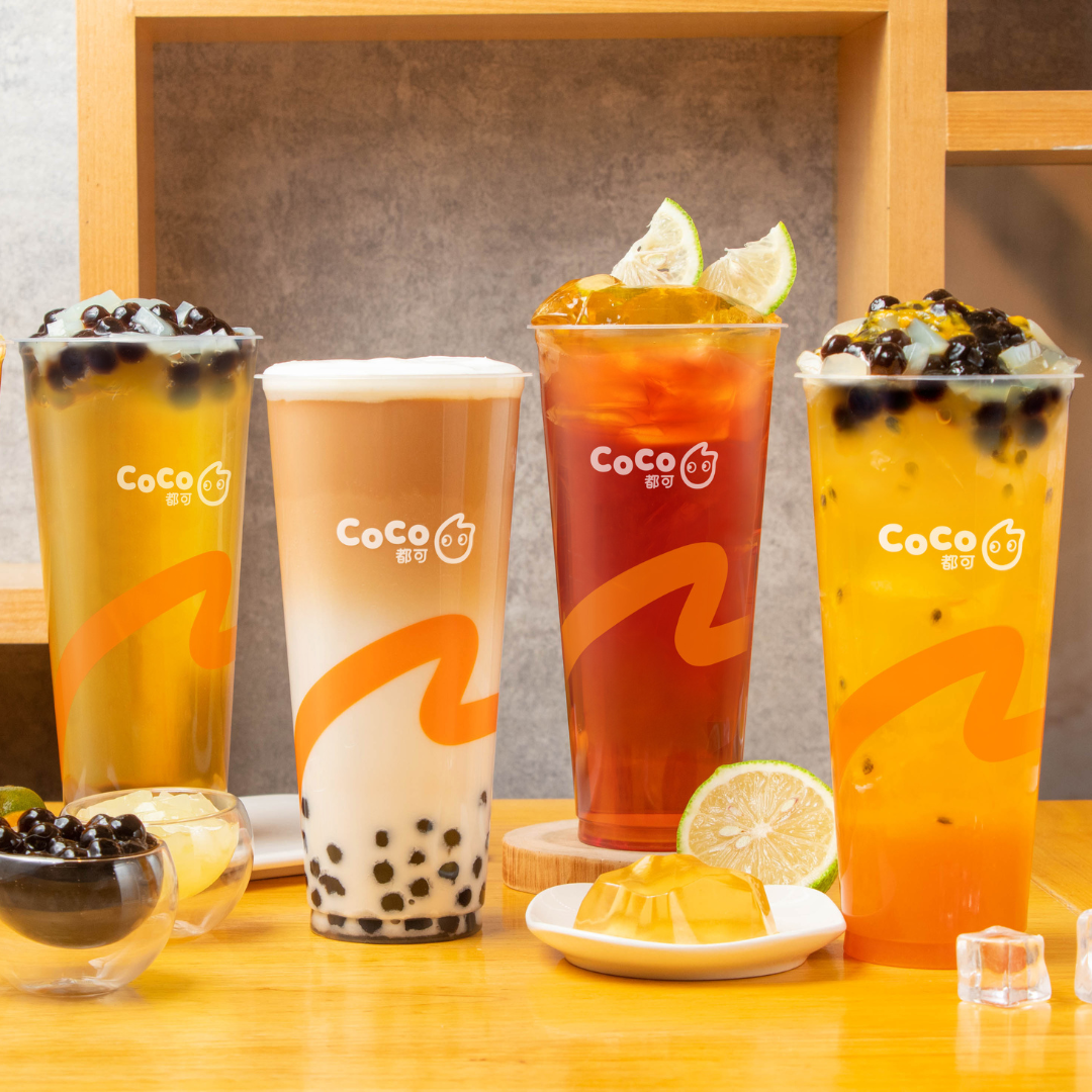 a variety of CoCo boba tea drinks
