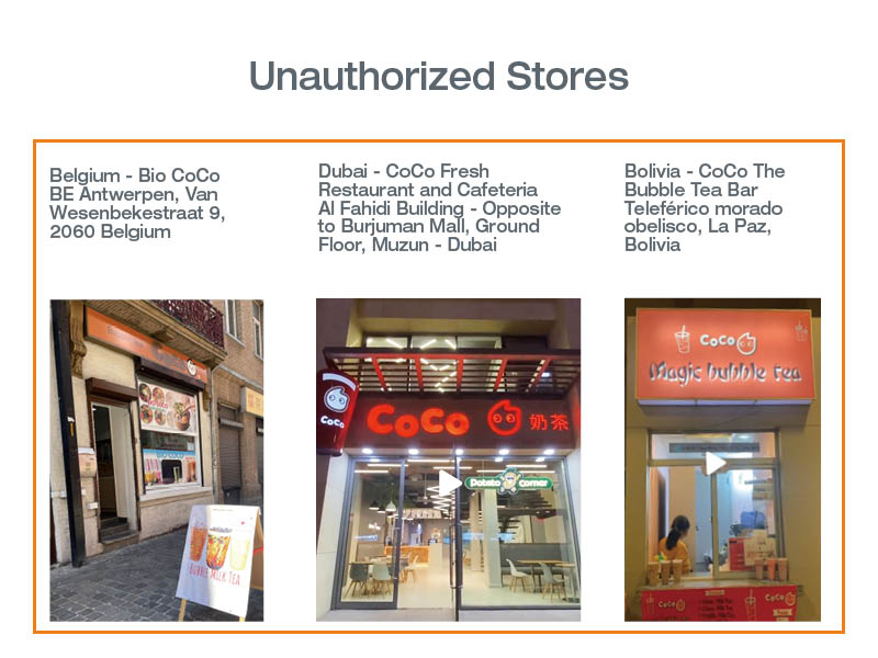Unauthorized Use of CoCo Fresh Tea & Juice Brand Identity- stores
